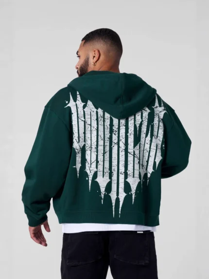 YOUNGLA Men's Hooded Zip-Up Sweatshirt with Circular Print on Collar