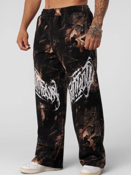 YOUNGLA Men's Sport Pants, Leaf Camouflage Print Straight Leg Casual Pants